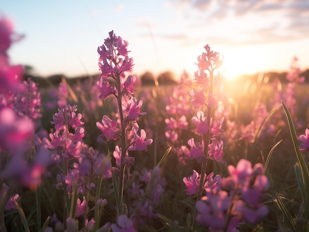 Ein Feld mit rosa Wildblumen, das vom untergehenden Sonnenlicht beleuchtet wird.