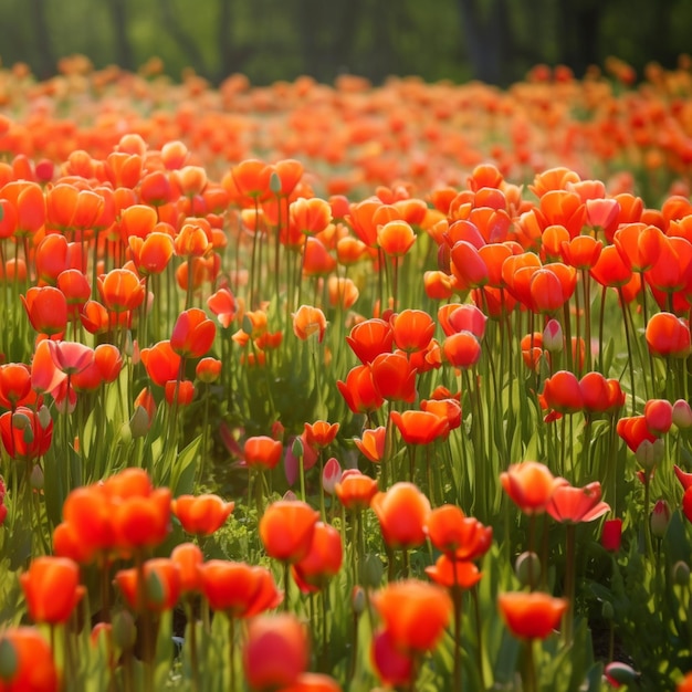 Ein Feld mit roten Tulpen mit dem Wort Tulpen darauf