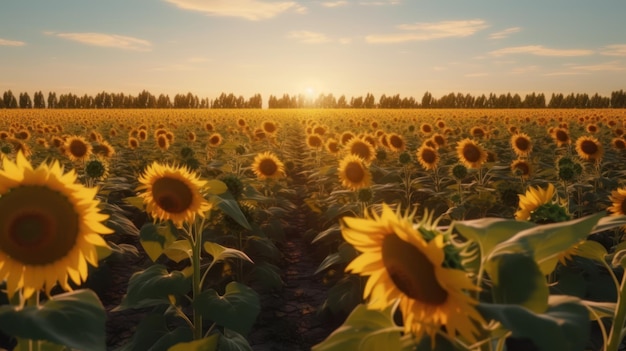 Ein Feld mit Sonnenblumen, hinter dem die Sonne untergeht