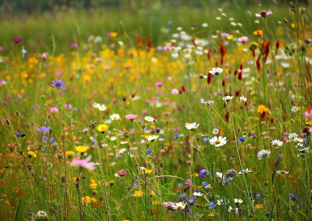 ein Feld mit wilden Blumen mit einem Feld mit Wildblumen im Hintergrund