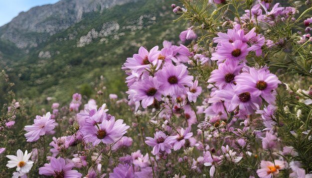 ein Feld purpurfarbener Blumen mit einem Berg im Hintergrund