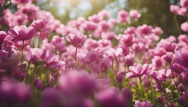 Ein Feld purpurfarbener Blumen mit gelben Zentren, die im Sonnenlicht blühen