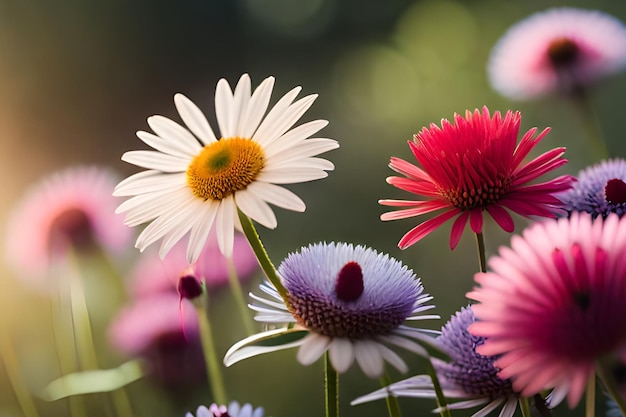 Ein Feld voller bunter Blumen mit einer roten Blume in der Mitte