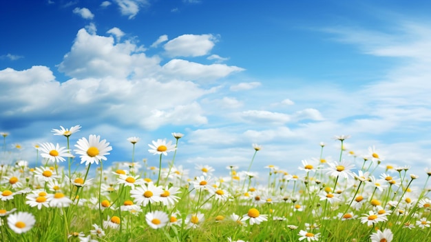 ein Feld voller Gänseblümchen und anderer Blumen unter einem blauen Himmel