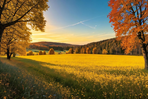 ein Feld voller gelber Blätter mit Bäumen im Hintergrund