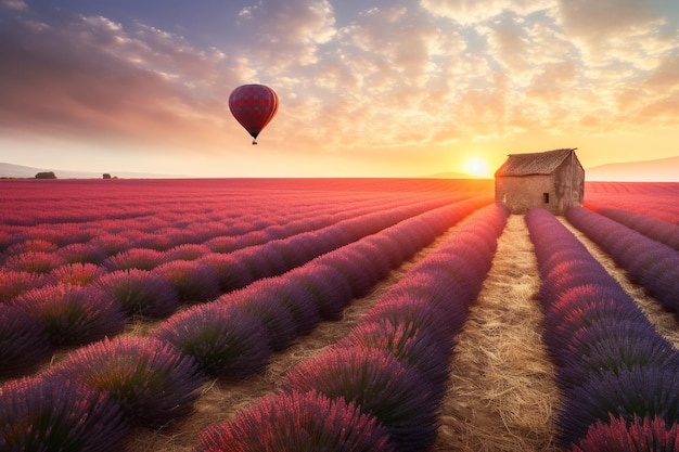 Ein Feld voller Lavendelblüten, über dem ein Heißluftballon fliegt.