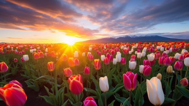 Ein Feld voller rosa und weißer Tulpen beim Sonnenuntergang