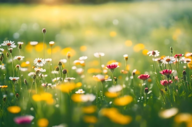 Ein Feld voller wilder Blumen mit der Sonne im Rücken