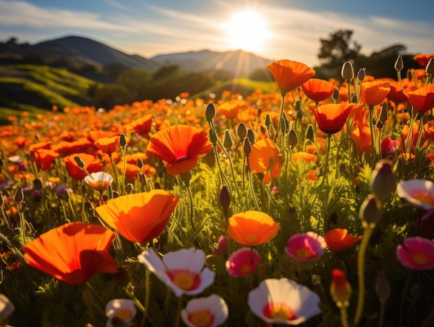 ein Feld von Blumen, durch das die Sonne scheint