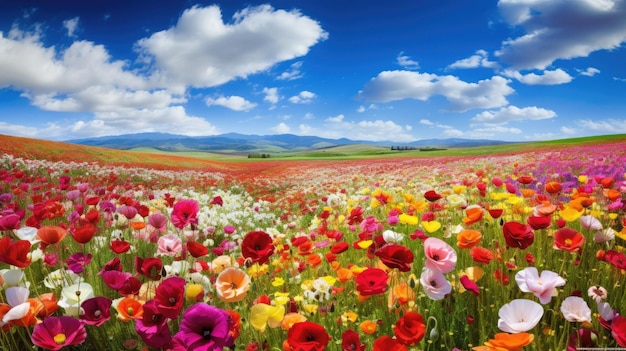 ein Feld von Blumen mit Bergen im Hintergrund
