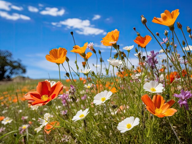 ein Feld von Blumen mit blauem Himmel und Wolken