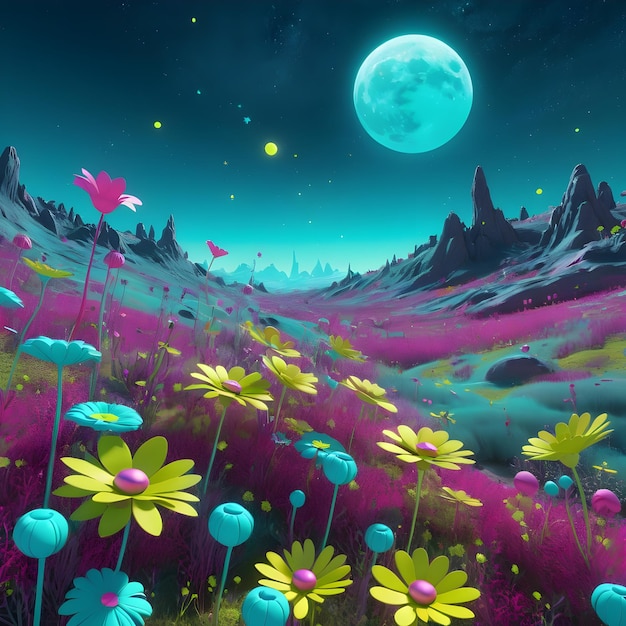 Foto ein feld von blumen mit dem mond im hintergrund