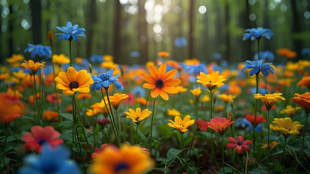 ein Feld von Blumen mit der Sonne, die durch die Bäume scheint