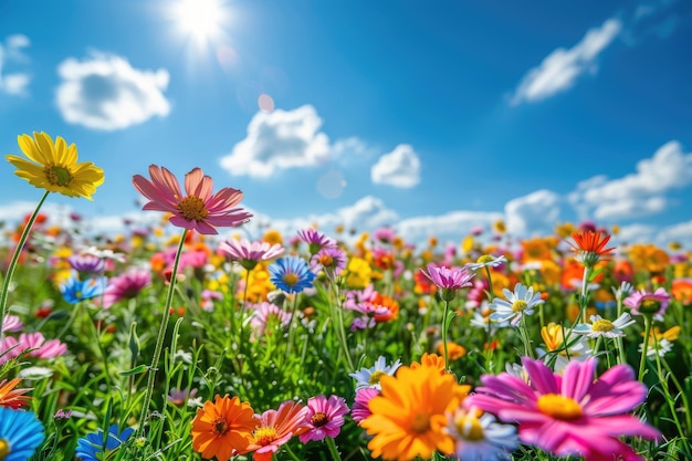 ein Feld von Blumen mit der Sonne, die durch die Wolken scheint