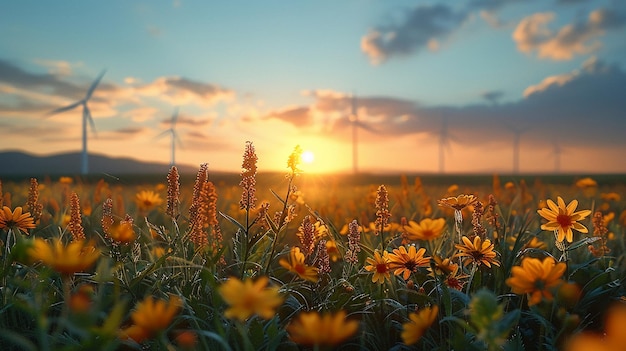 ein Feld von Blumen mit Windturbinen im Hintergrund