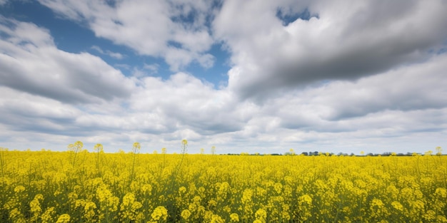 Ein Feld von gelben Blumen mit einem bewölkten Himmel im Hintergrund.