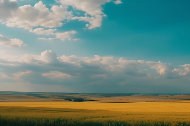 Ein Feld von gelben Blumen mit einem blauen Himmel im Hintergrund