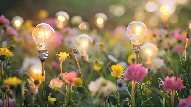 Ein Feld von Glühbirnen in Form von Blumen als Konzept für Energieeinsparung