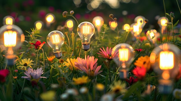 Ein Feld von Glühbirnen in Form von Blumen als Konzept für Energieeinsparung