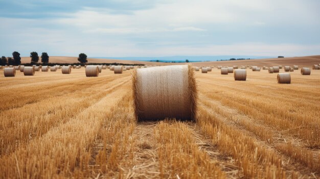 Ein Feld von Heu-Rollen unter blauem Himmel