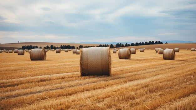 Foto ein feld von heuballen unter bewölktem himmel