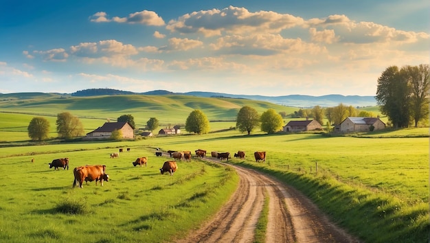 Foto ein feld von kühen mit einer unbefestigten straße im vordergrund und einer scheune im hintergrund