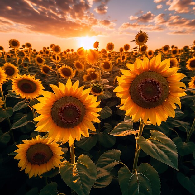 Ein Feld von Sonnenblumen, die ihr Gesicht in Richtung der warmen Frühlingssonne wenden