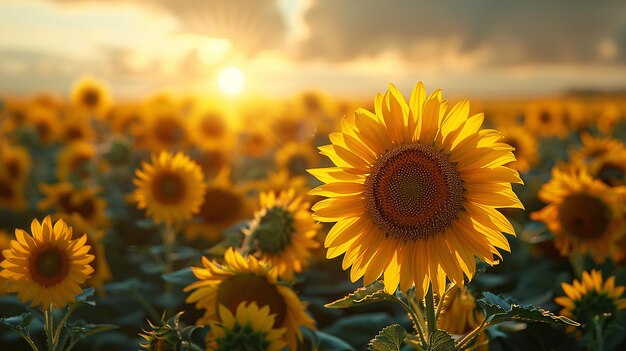 ein Feld von Sonnenblumen mit der Sonne hinter ihnen