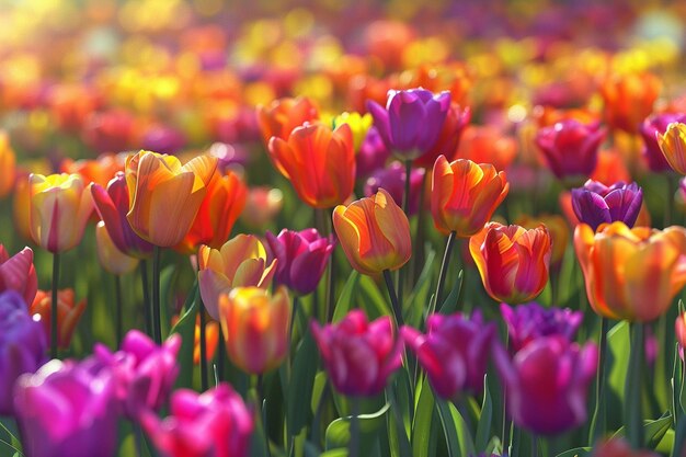 Ein Feld von Tulpen in lebhaften Farbtönen