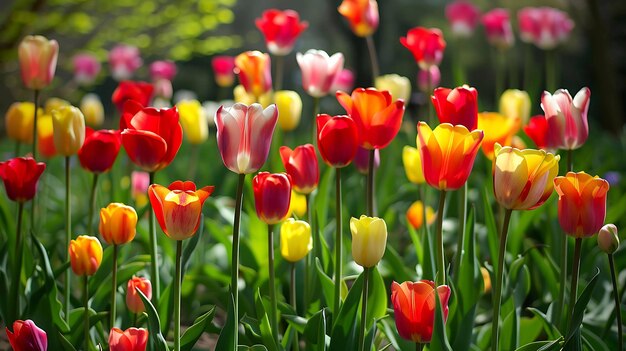 Foto ein feld von tulpen in voller blüte die tulpen sind in verschiedenen farben, darunter rot, gelb, rosa und lila.