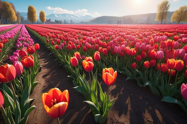 Foto ein feld von tulpen mit einem berg im hintergrund