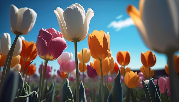 Ein Feld von Tulpen mit einem blauen Himmel im Hintergrund.
