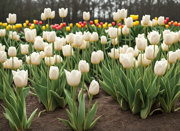 Ein Feld von weißen Tulpen mit roten und gelben Tulpen im Hintergrund.