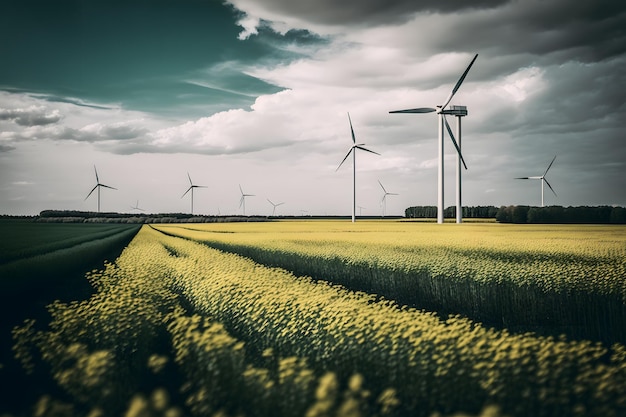 Ein Feld von Windkraftanlagen mit einem bewölkten Himmel im Hintergrund.