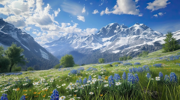 Ein Feld vor dem Hintergrund schneebedeckter Berge Top-Felsen Höhe Wolken Flüsse Skis Lawine Luftkletterer Schlucht Bergrücken Blumen Grün Gras Natur Wiese erzeugt von KI