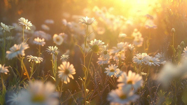 Ein Feld weißer Blumen im sanften Sonnenlicht