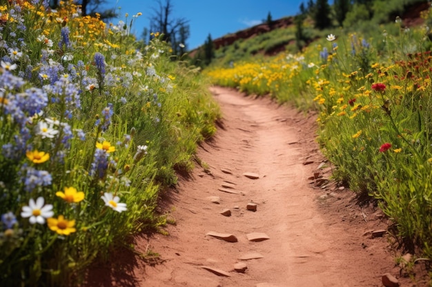 Foto ein feldweg, umgeben von blühenden wildblumen