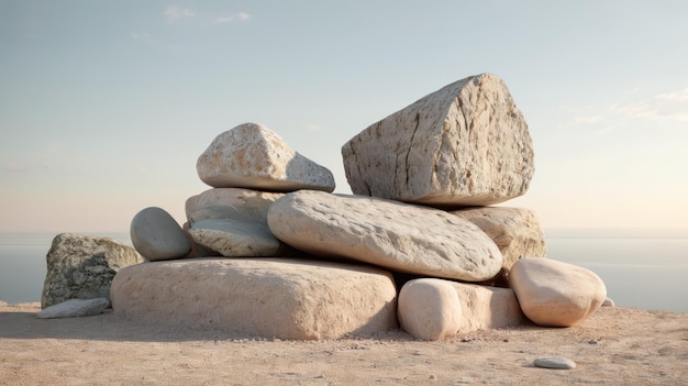 Ein Felshaufen an einem Sandstrand