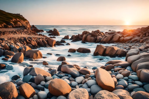 ein felsiger Strand mit einem Sonnenuntergang im Hintergrund