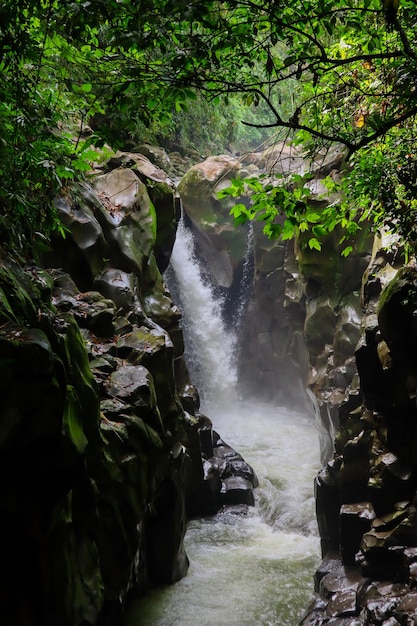 Ein felsiger Wasserfall mit Morgensonne