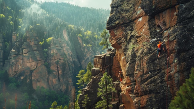 Ein Felskletterer steigt auf eine steile Klippe mit einem majestätischen Bergblick