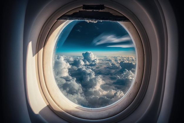 Ein Fenster in einem Flugzeug mit Wolken und dem Himmel darüber