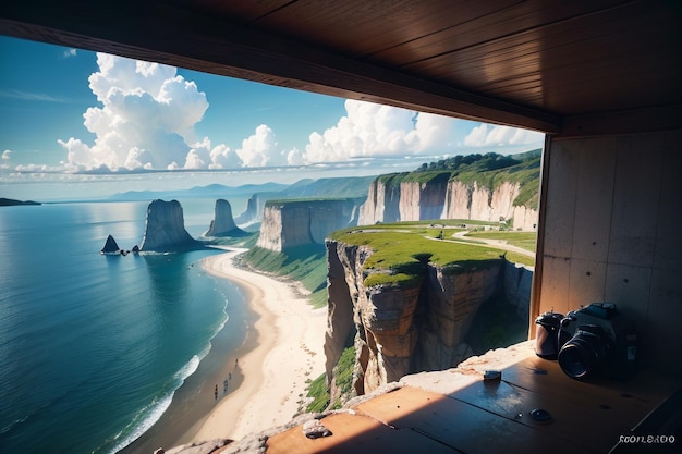 Ein Fenster in einem Raum mit Blick auf das Meer und die Berge.