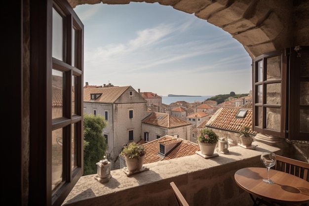 Ein Fenster in einem Raum mit Blick auf das Meer und die Stadt Dubrovnik.