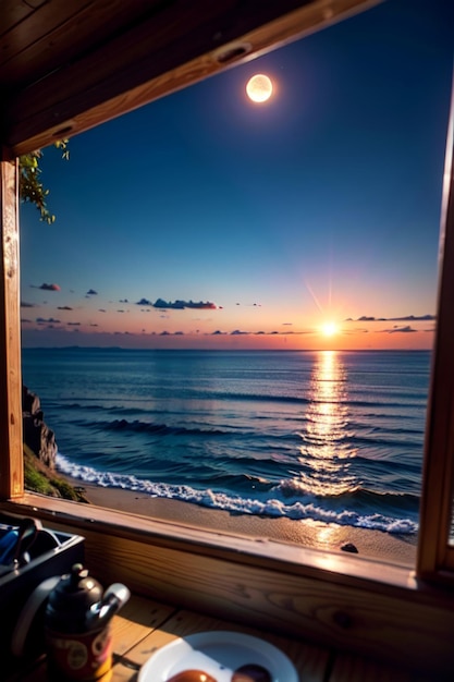 Ein Fenster mit Blick auf das Meer und den Sonnenuntergang am Horizont.