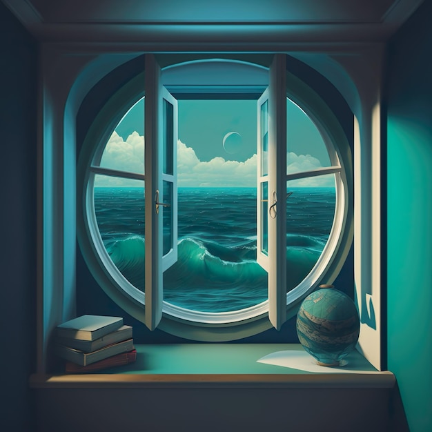 Ein Fenster mit Blick auf das Meer und einem Globus auf der linken Seite.