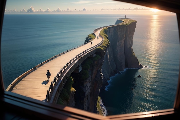 Ein Fenster mit Blick auf das Meer und einen Leuchtturm.