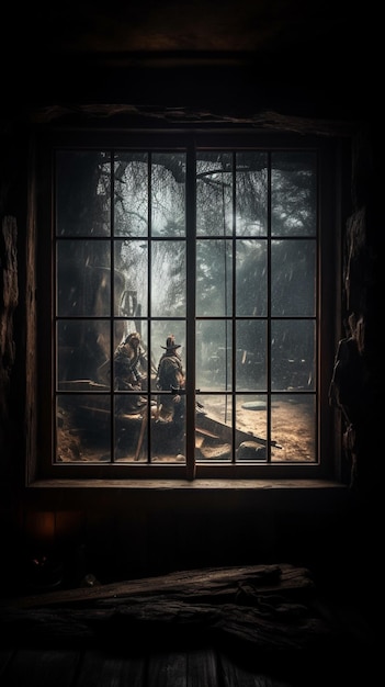 Ein Fenster mit Blick auf den Wald und der Aufschrift „Hexenhaus“.