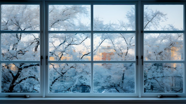 ein Fenster mit Blick auf die Bäume draußen. Fensteransicht vom Schulfenster