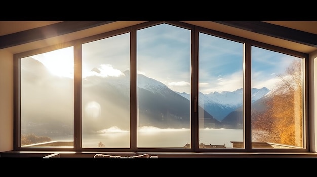 Ein Fenster mit Blick auf die Berge und einen Berg im Hintergrund